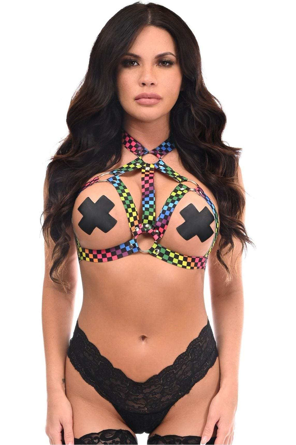 Daisy Corsets Rainbow Checker Print Stretchy Body Harness w/Silver Hardware - Daisy Corsets - Flyclothing LLC