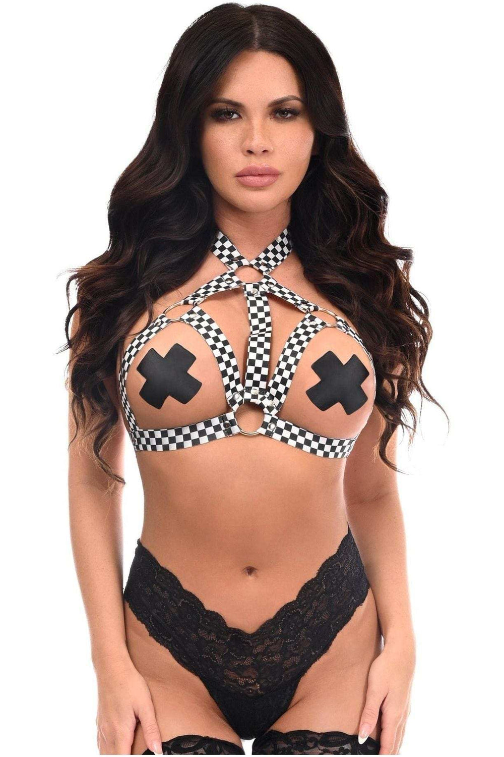 Daisy Corsets Black/White Checker Print Stretchy Body Harness w/Silver Hardware - Daisy Corsets - Flyclothing LLC