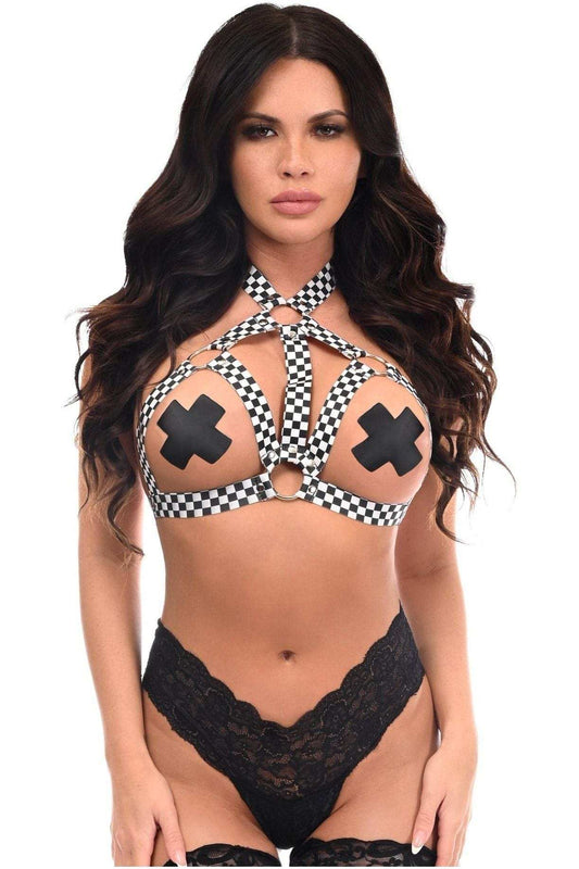 Daisy Corsets Black/White Checker Print Stretchy Body Harness w/Silver Hardware - Daisy Corsets - Flyclothing LLC