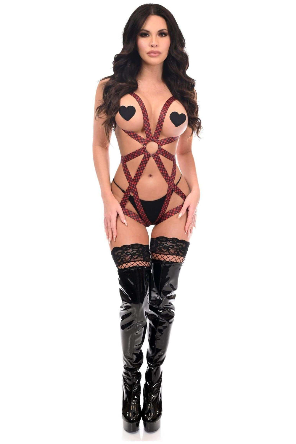 Daisy Corsets BOXED Red Plaid Stretchy Body Harness Bodysuit w/Silver Hardware - Daisy Corsets - Flyclothing LLC