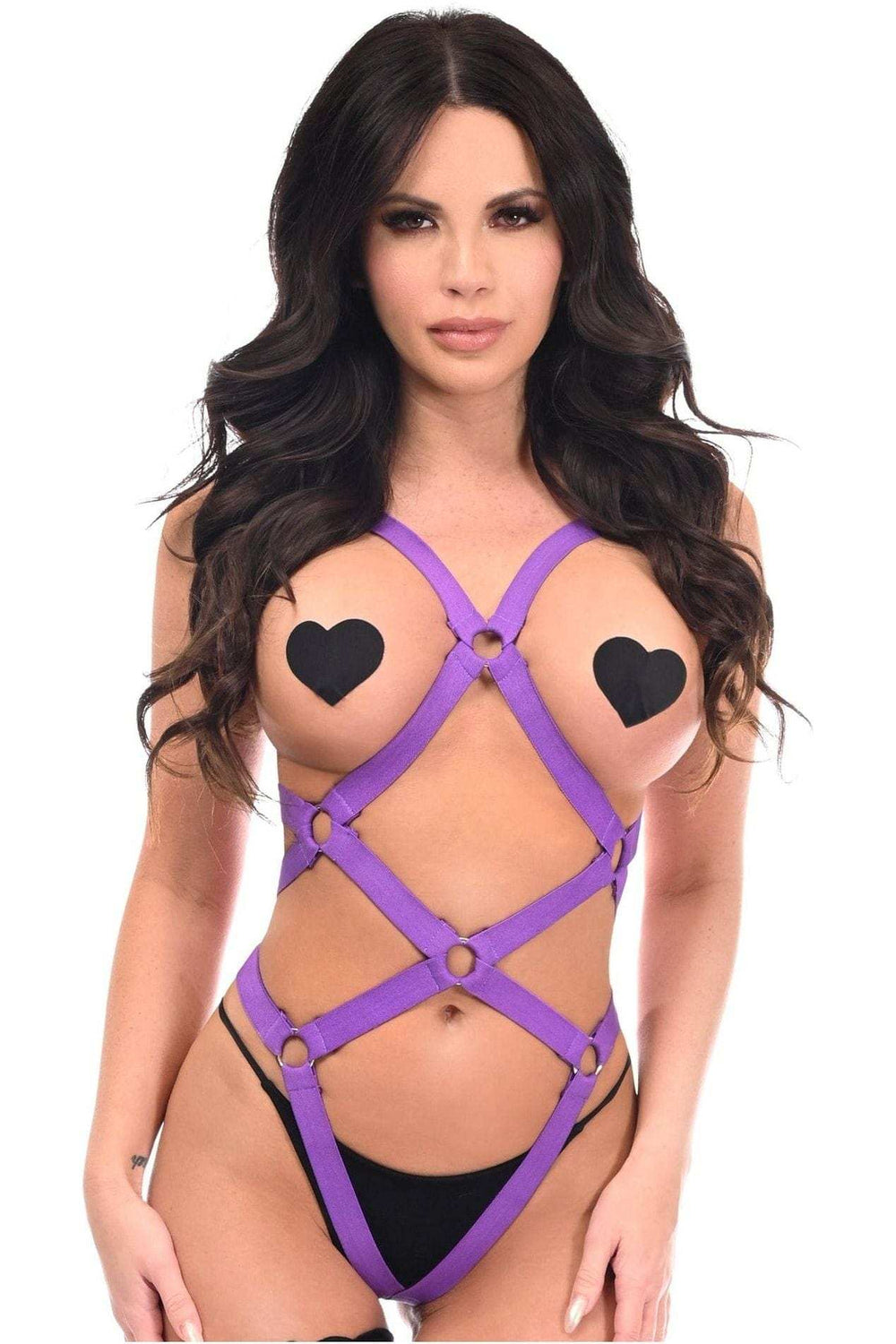 Daisy Corsets BOXED Purple Stretchy Body Harness Bodysuit w/Silver Hardware - Daisy Corsets - Flyclothing LLC