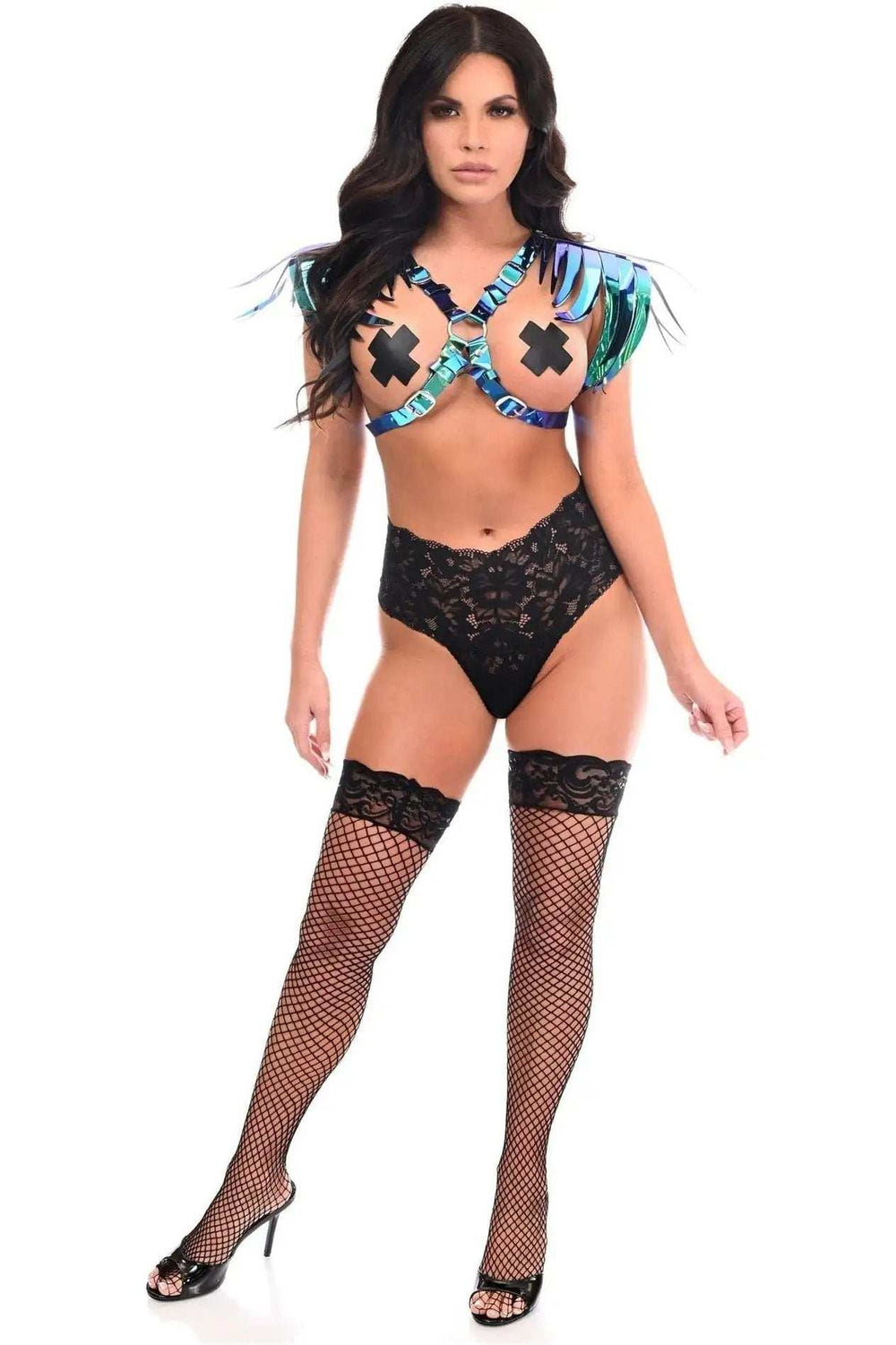 Daisy Corsets Teal/Blue Holo Shoulder Fringe Body Harness - Daisy Corsets - Flyclothing LLC