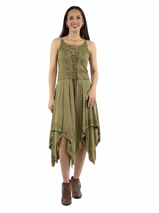 Honey Creek 100% rayon Olive Emb.dress w/handkerchief bottom - Scully Leather - Flyclothing LLC