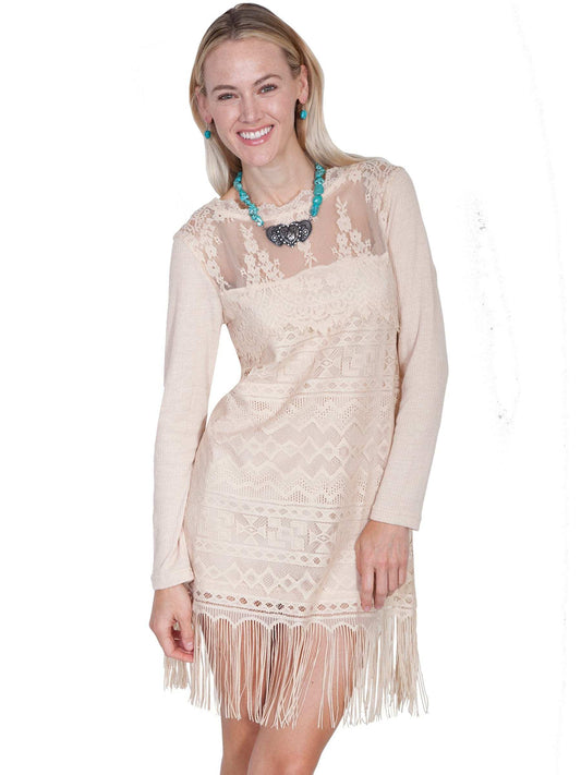 Honey creek natural lace/fringe dress w/knit sleeves - Scully Leather - Flyclothing LLC