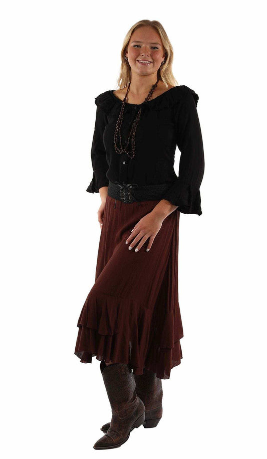 honey creek chocolate 100% rayon skirt with crochet band faux belt - Scully Leather - Flyclothing LLC
