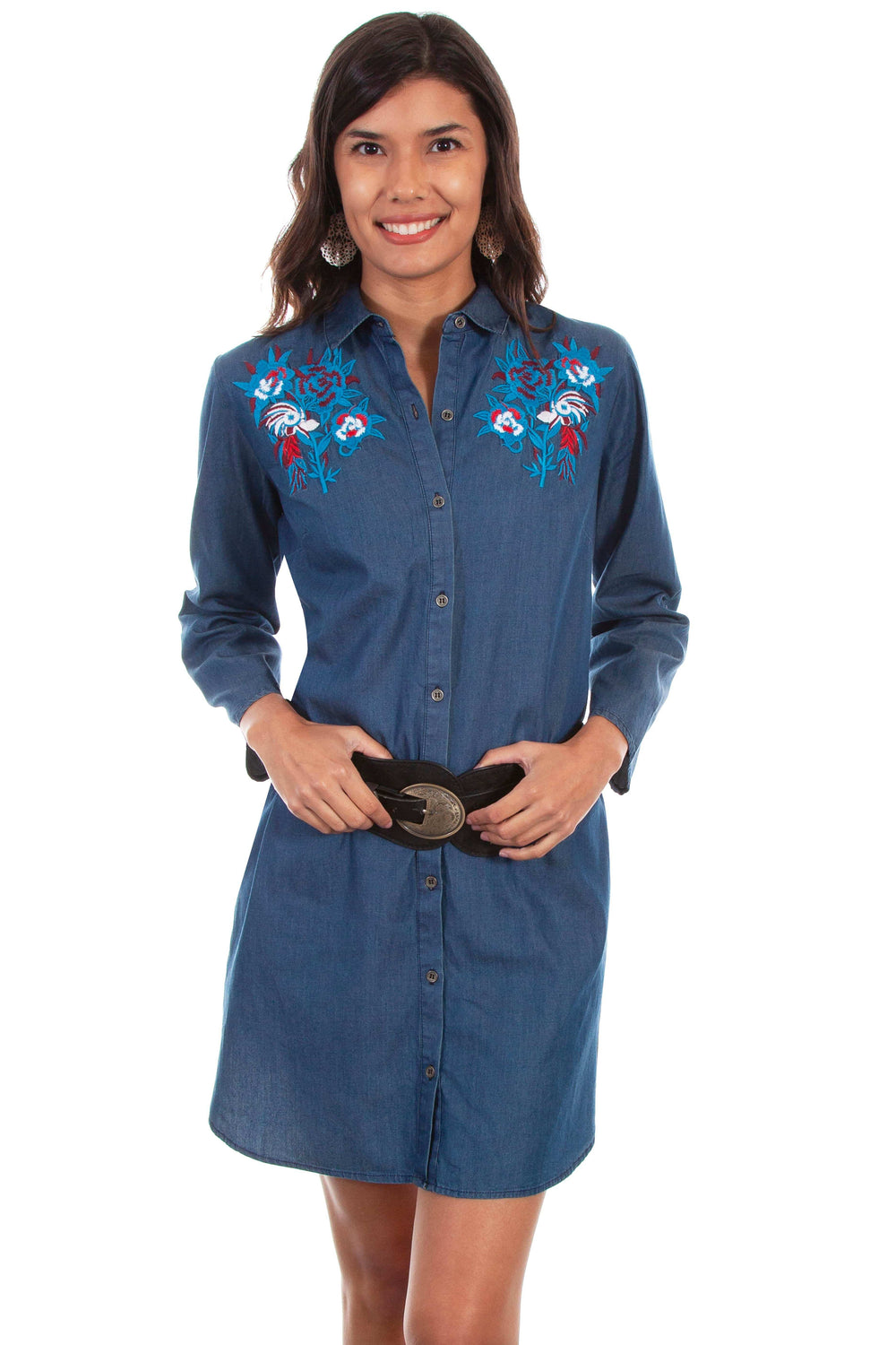 Honey creek denim rose emb. Denim dress w/belt - Scully Leather - Flyclothing LLC