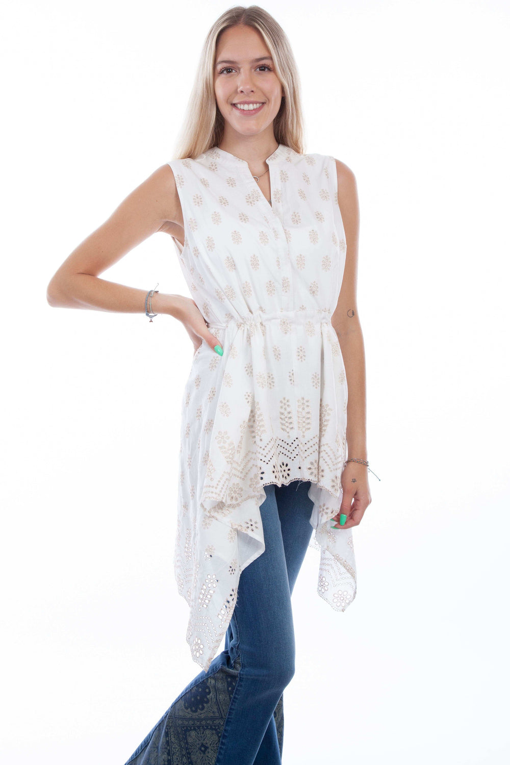 Honey creek ivory emb. Tie back tunic - Scully Leather - Flyclothing LLC
