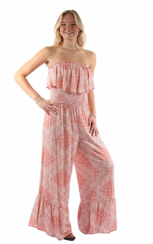 Honey creek dusty pink bandana print jumpsuit ruffle top - Scully Leather - Flyclothing LLC