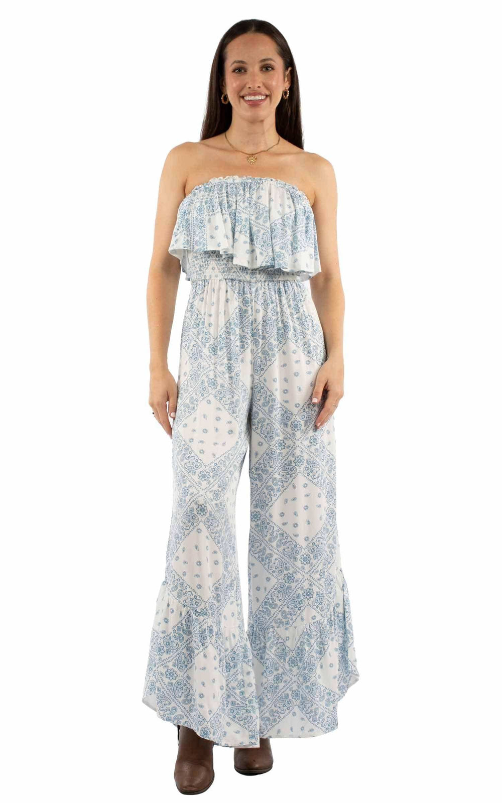 honey creek white bandana print jumpsuit ruffle top - Scully Leather - Flyclothing LLC