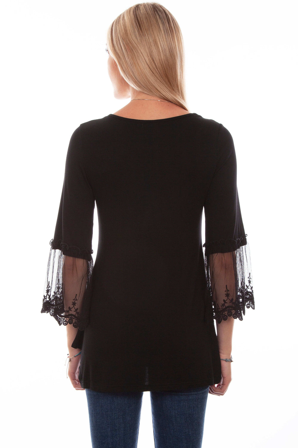 Honey creek black solid top w/tulle crochet sleeves - Scully Leather - Flyclothing LLC