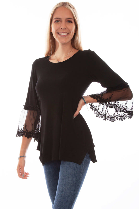 Honey creek black solid top w/tulle crochet sleeves - Scully Leather - Flyclothing LLC