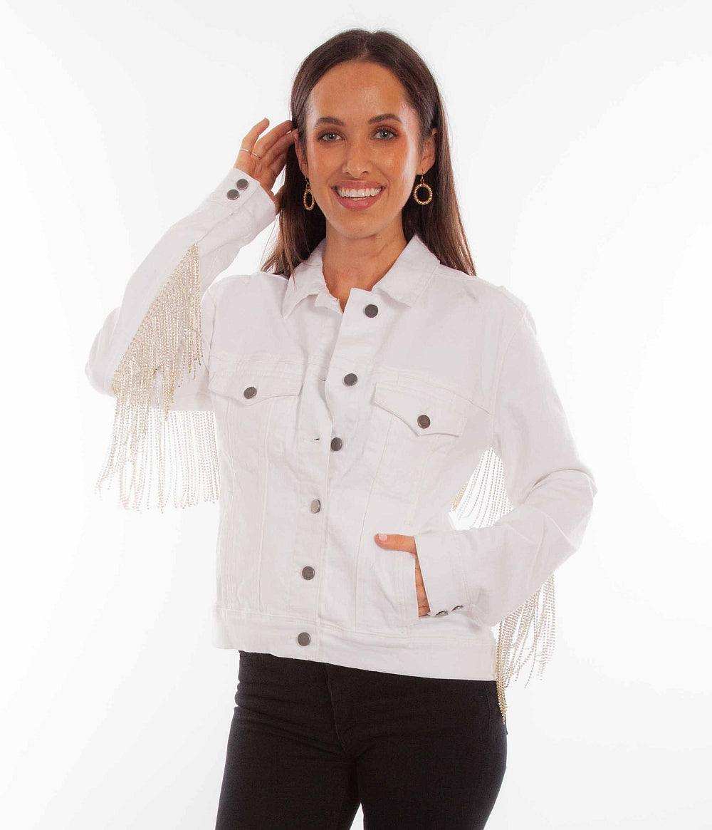 Scully Leather White Denim Jacket W/Rhinestone Fringe - Scully Leather - Flyclothing LLC