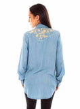 Scully Leather Blue Tencel Blouse W/Emb. & Piping - Scully Leather - Flyclothing LLC