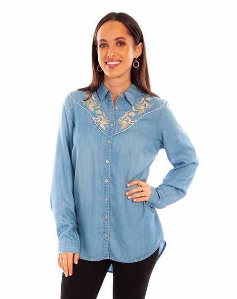 Scully Leather Blue Tencel Blouse W/Emb. & Piping - Scully Leather - Flyclothing LLC