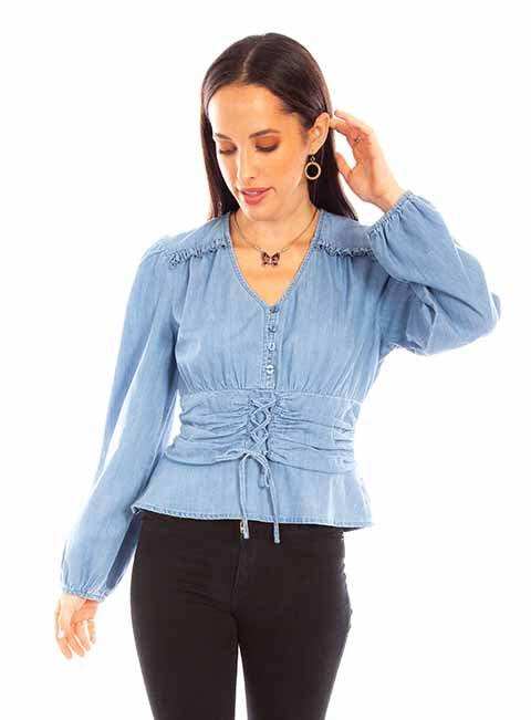 Scully Leather Denim Peplum Blouse W/Lace Up - Scully Leather - Flyclothing LLC