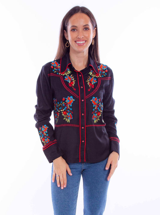 Honey creek black-red floral emb. Top w/red piping - Scully Leather - Flyclothing LLC