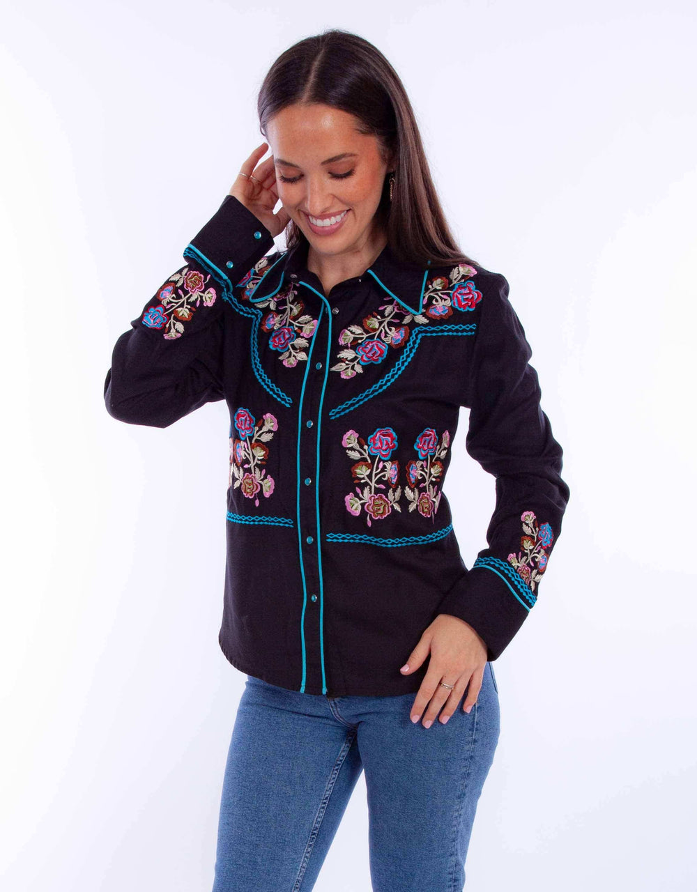 Honey creek black-turquoise floral emb top w/turq piping - Scully Leather - Flyclothing LLC