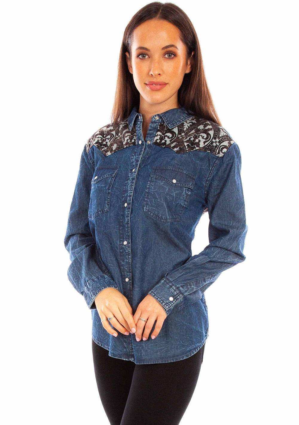 Scully Leather Womens Denim Western Button-Down Shirt - Scully Leather - Flyclothing LLC