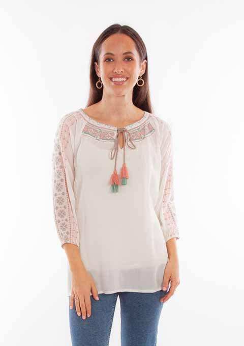 Scully Leather Ivory Tie Front Pull Over Emb Blouse - Scully Leather - Flyclothing LLC