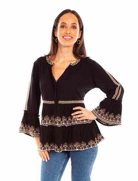 Scully Leather Black Pullover Emb. Ruffle Blouse - Scully Leather - Flyclothing LLC