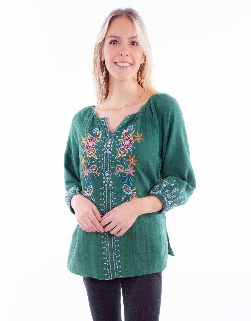 Honey creek jade pullover tie front emb. Blouse - Scully Leather - Flyclothing LLC