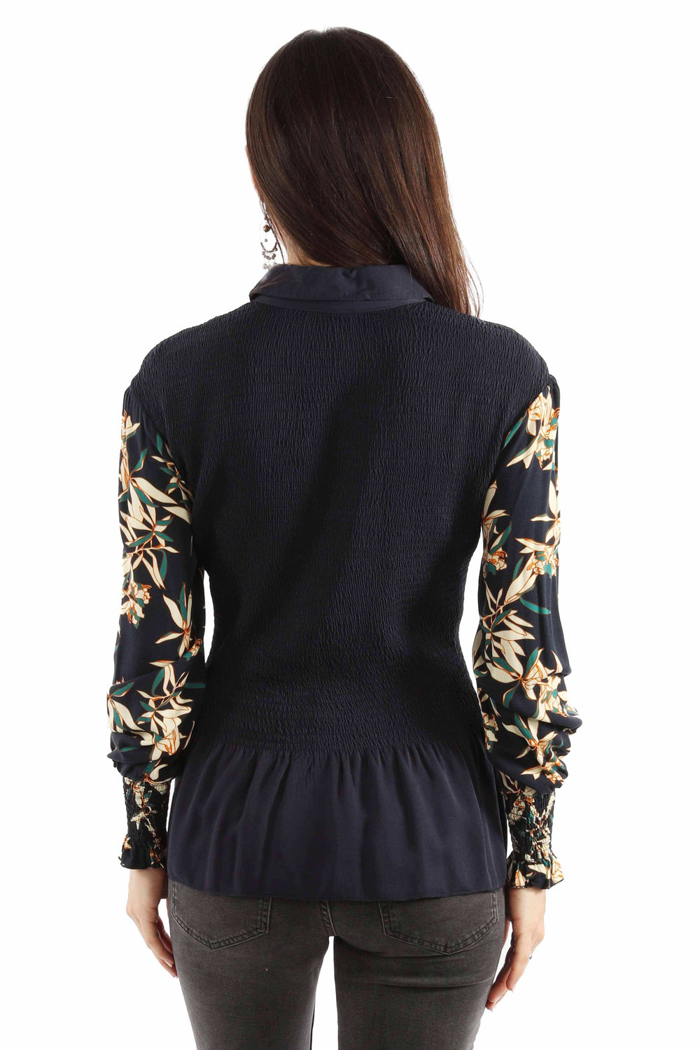 Honey creek navy peplum blouse smocked bodice - Scully Leather - Flyclothing LLC