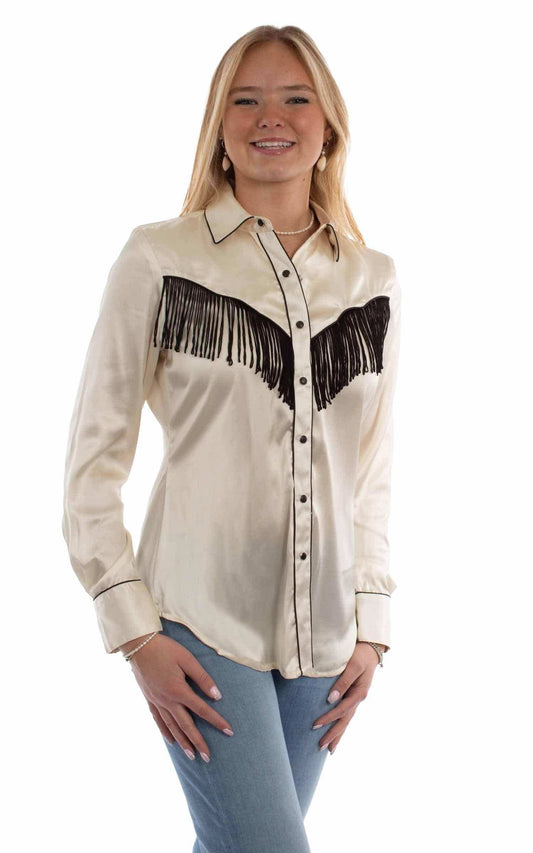 honey creek cream 100% polyester solid blouse with piping/fringe - Scully Leather - Flyclothing LLC