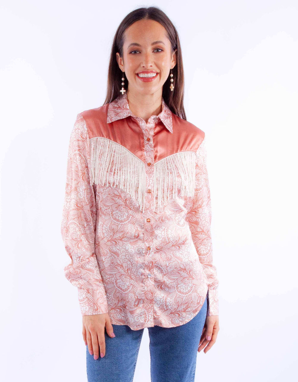 Honey creek peach print blouse w/solid yokes & fringe - Scully Leather - Flyclothing LLC