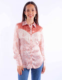 Honey creek peach print blouse w/solid yokes & fringe - Scully Leather - Flyclothing LLC