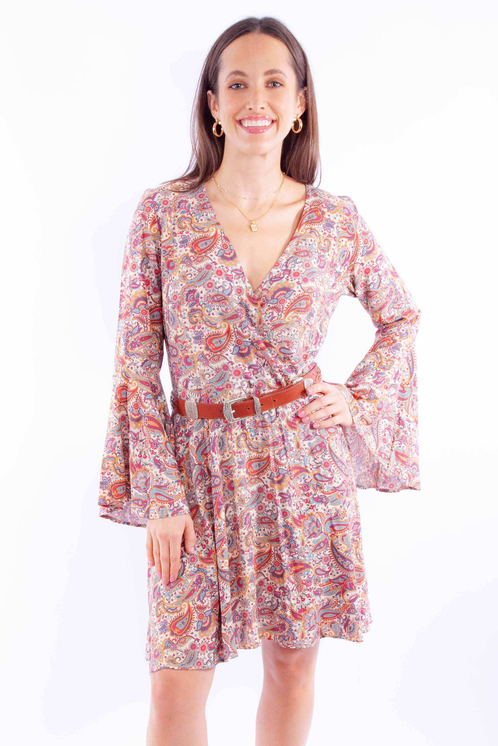 Honey creek tan paisley print dress w/bell sleeves - Scully Leather - Flyclothing LLC