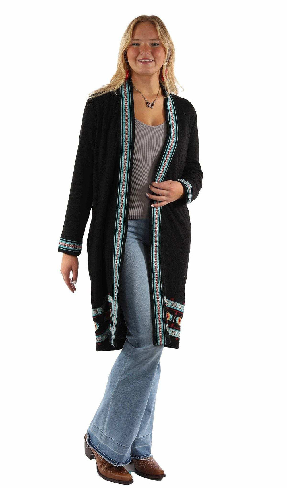 honey creek black 100% cotton long emb double knit sweater - Scully Leather - Flyclothing LLC