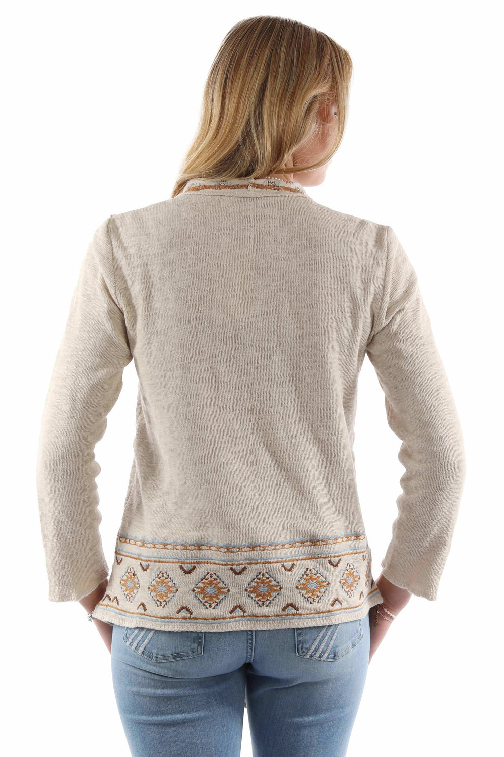 honey creek cream 100% cotton waterfall front emb. sweater - Scully Leather - Flyclothing LLC