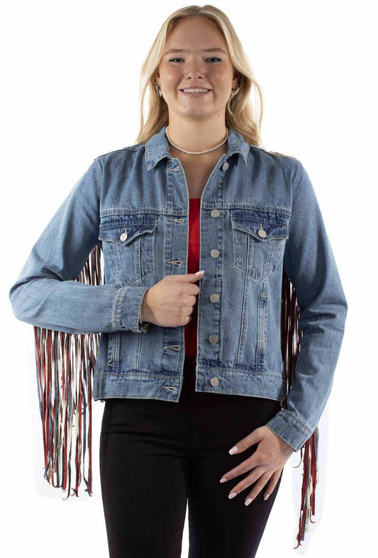 Honey creek red white & blue denim jacket w/vintage fringe colors - Scully Leather - Flyclothing LLC