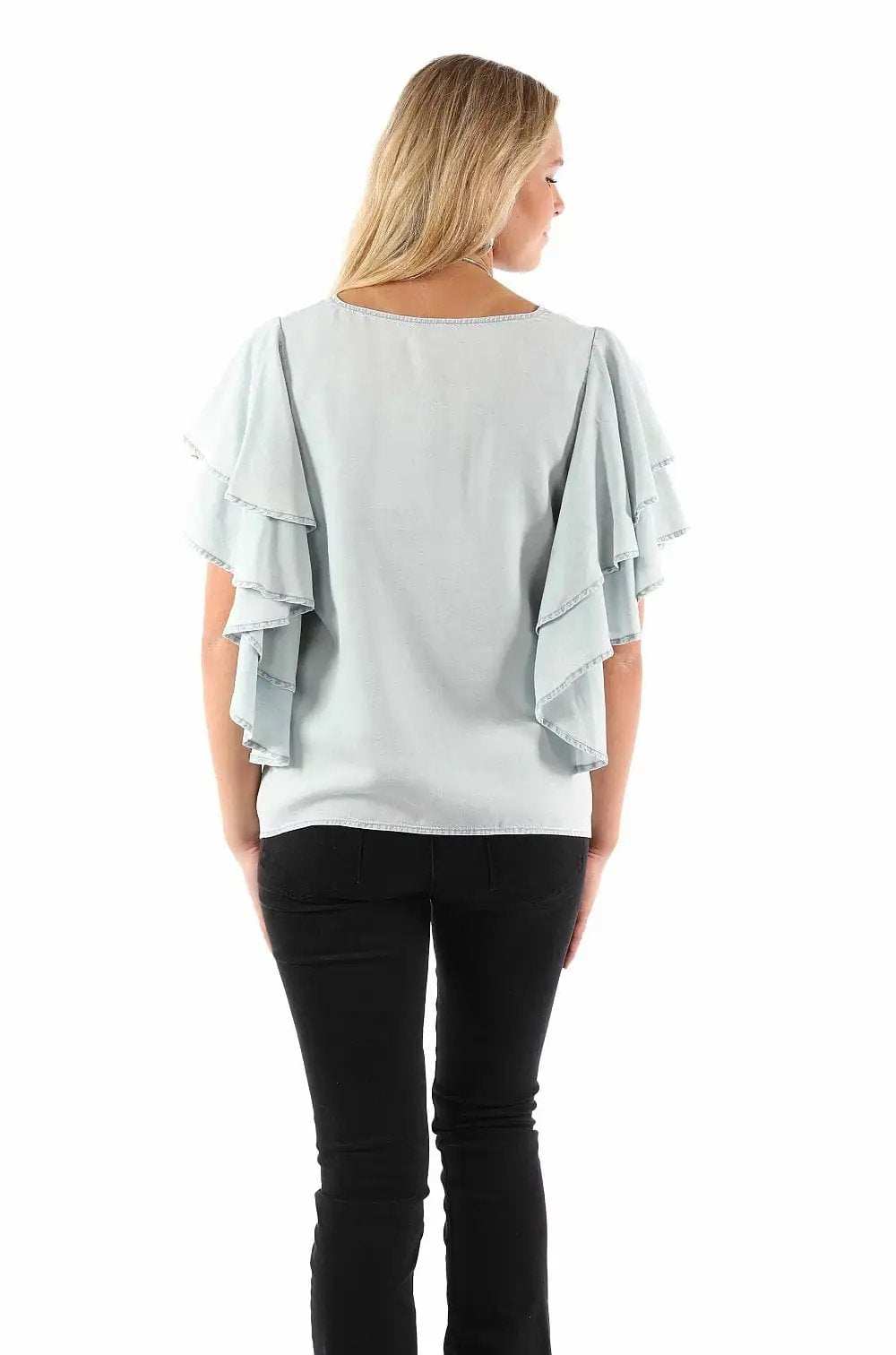 Scully Leather Light Blue Cinche Front Blouse - Scully Leather - Flyclothing LLC