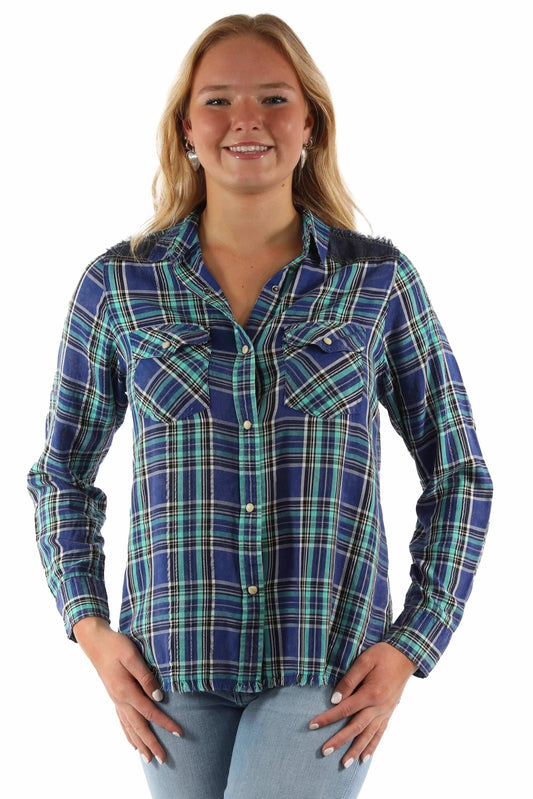 honey creek blue 70% rayon 30% cotton plaid shirt w/denim yokes - Scully Leather - Flyclothing LLC