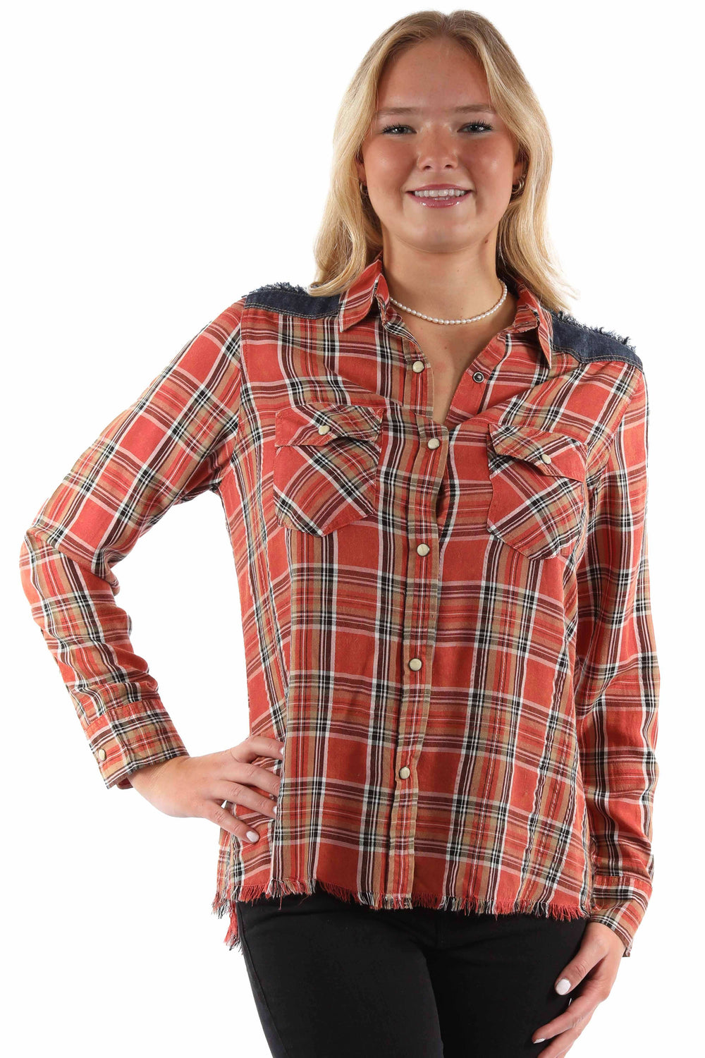 honey creek red 70% rayon 30% cotton plaid shirt w/denim yokes - Scully Leather - Flyclothing LLC