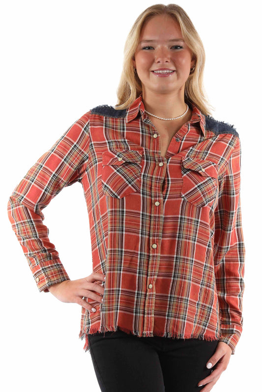 honey creek red 70% rayon 30% cotton plaid shirt w/denim yokes - Scully Leather - Flyclothing LLC