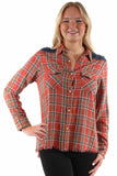 honey creek red 70% rayon 30% cotton plaid shirt w/denim yokes - Scully Leather - Flyclothing LLC