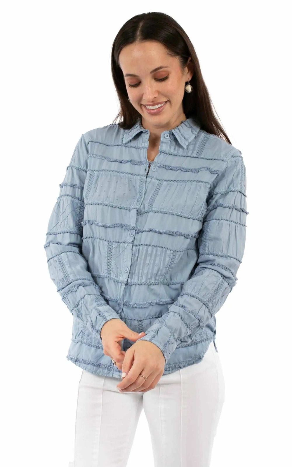 Honey Creek 100% cotton Blue Patchwork blouse - Scully Leather - Flyclothing LLC