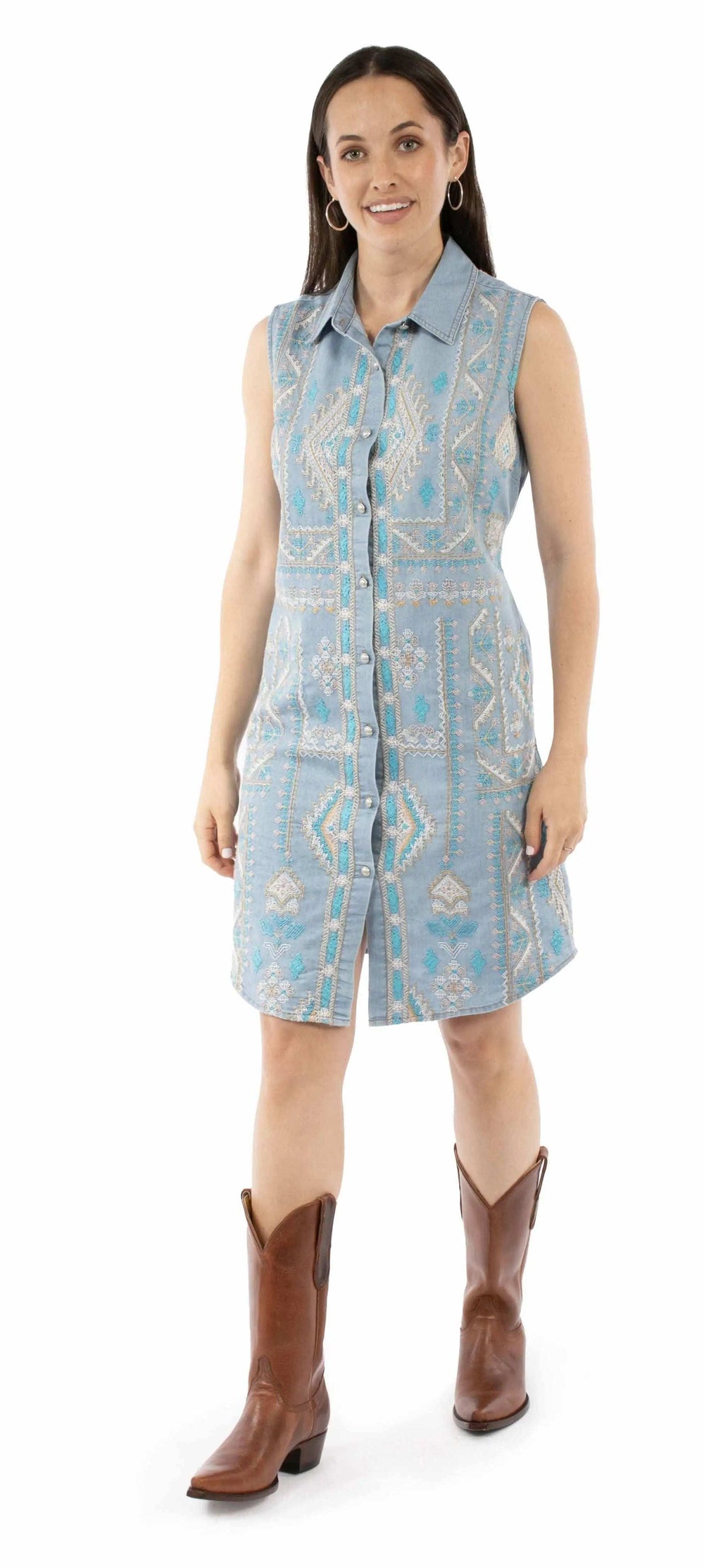 Honey Creek Blue S/L Embroidered Button Front Dress - Scully Leather - Flyclothing LLC