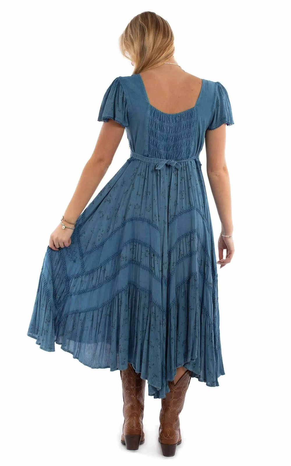 Honey Creek 100% rayon Blue Capsleeve printed lace front dress - Scully Leather - Flyclothing LLC