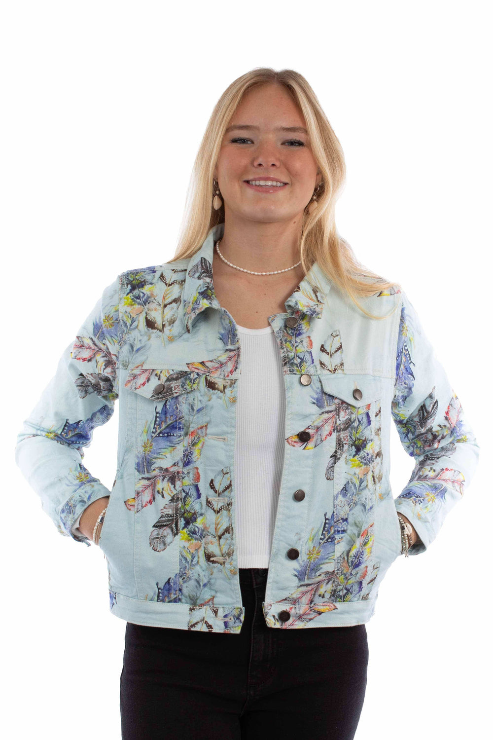honey creek light blue 98% cotton 2% lycra feather print denim jacket - Scully Leather - Flyclothing LLC