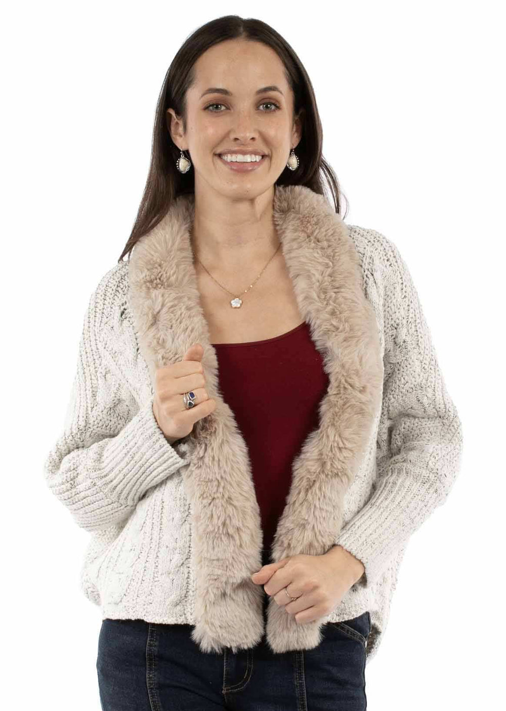 Scully Leather Ivory Lace Up Back Cardigan W/Faux Fur Trm - Scully Leather - Flyclothing LLC