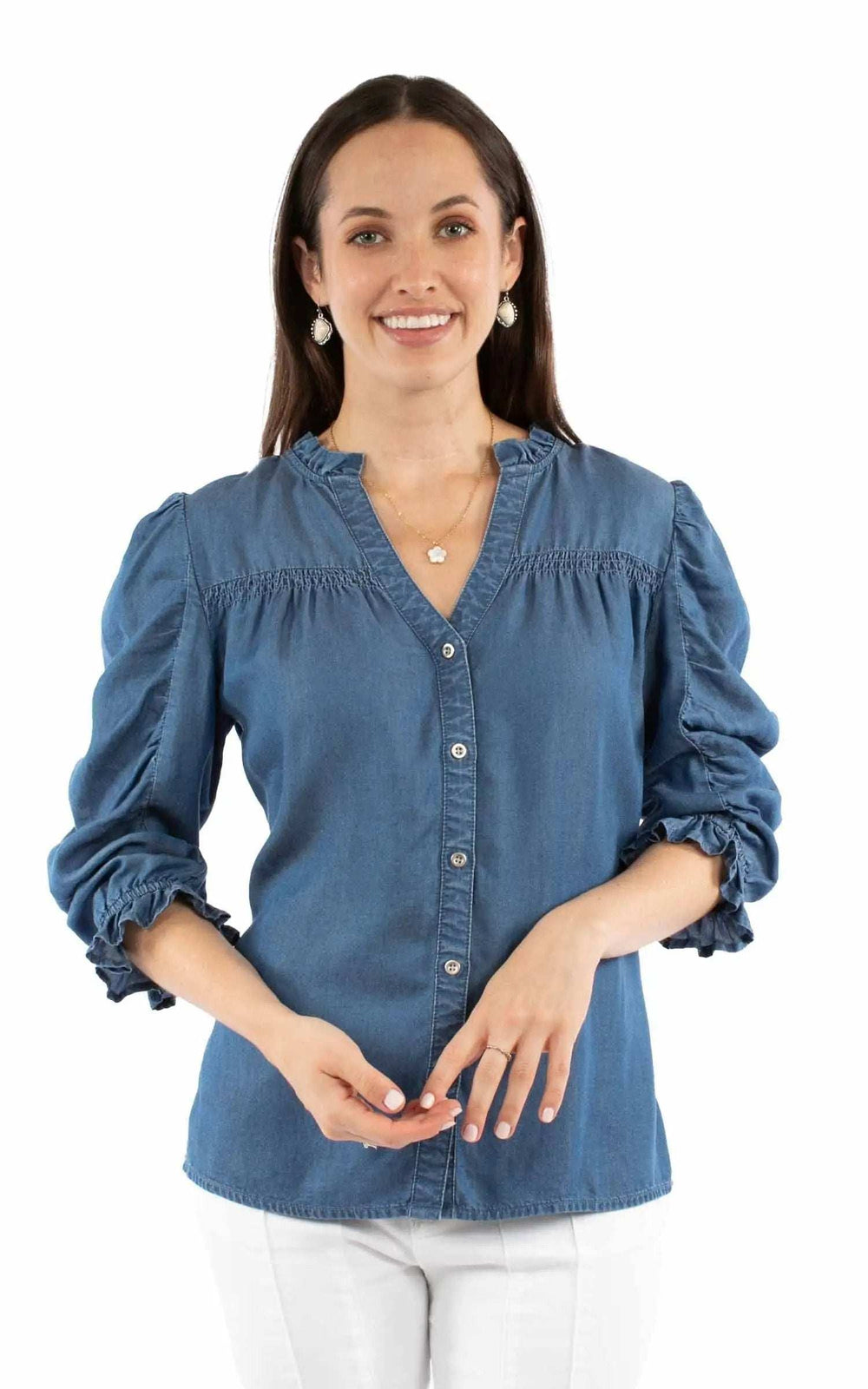 Honey Creek Blue Button front blouse - Scully Leather - Flyclothing LLC