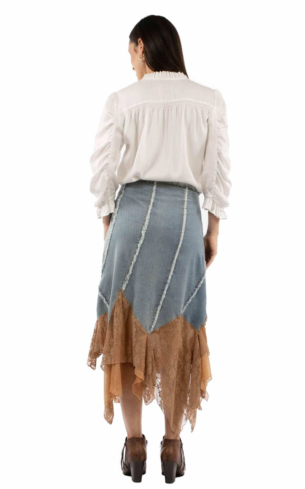Honey Creek Denim Denim skirt w/applique & lace - Scully Leather - Flyclothing LLC