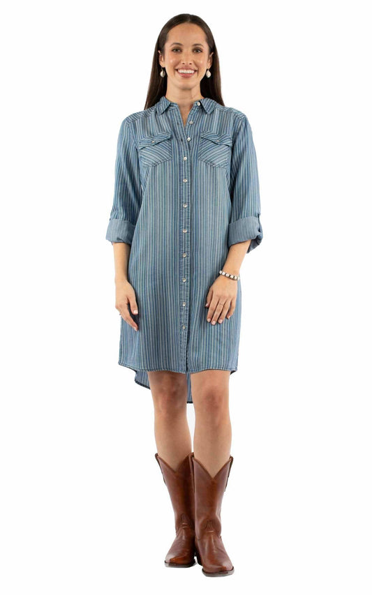 Honey Creek Blue RaiLong Sleevetripe dress - Scully Leather - Flyclothing LLC