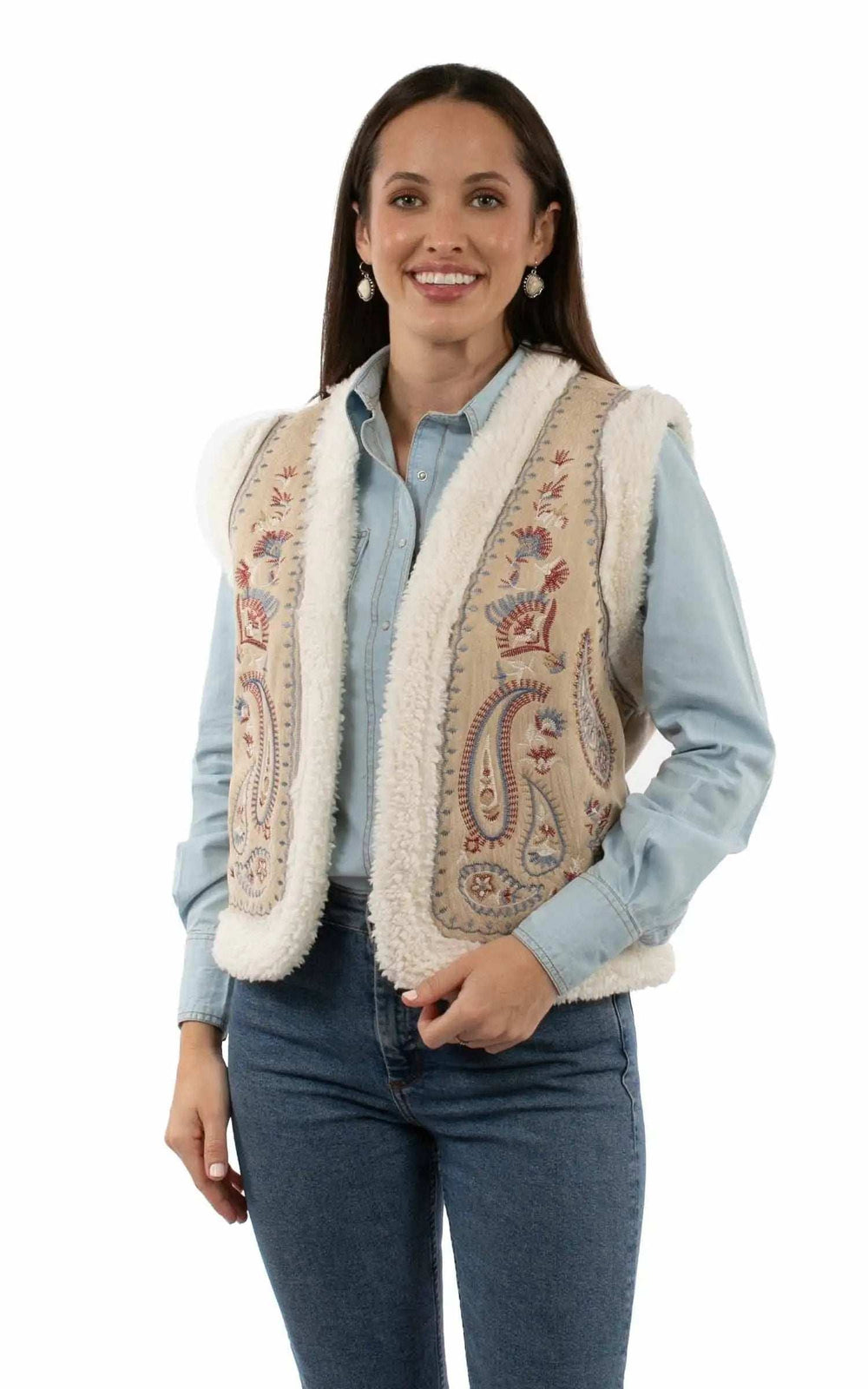 Honey Creek 100% acrylic Sand Paisley emb. Faux sherpa vest - Scully Leather - Flyclothing LLC