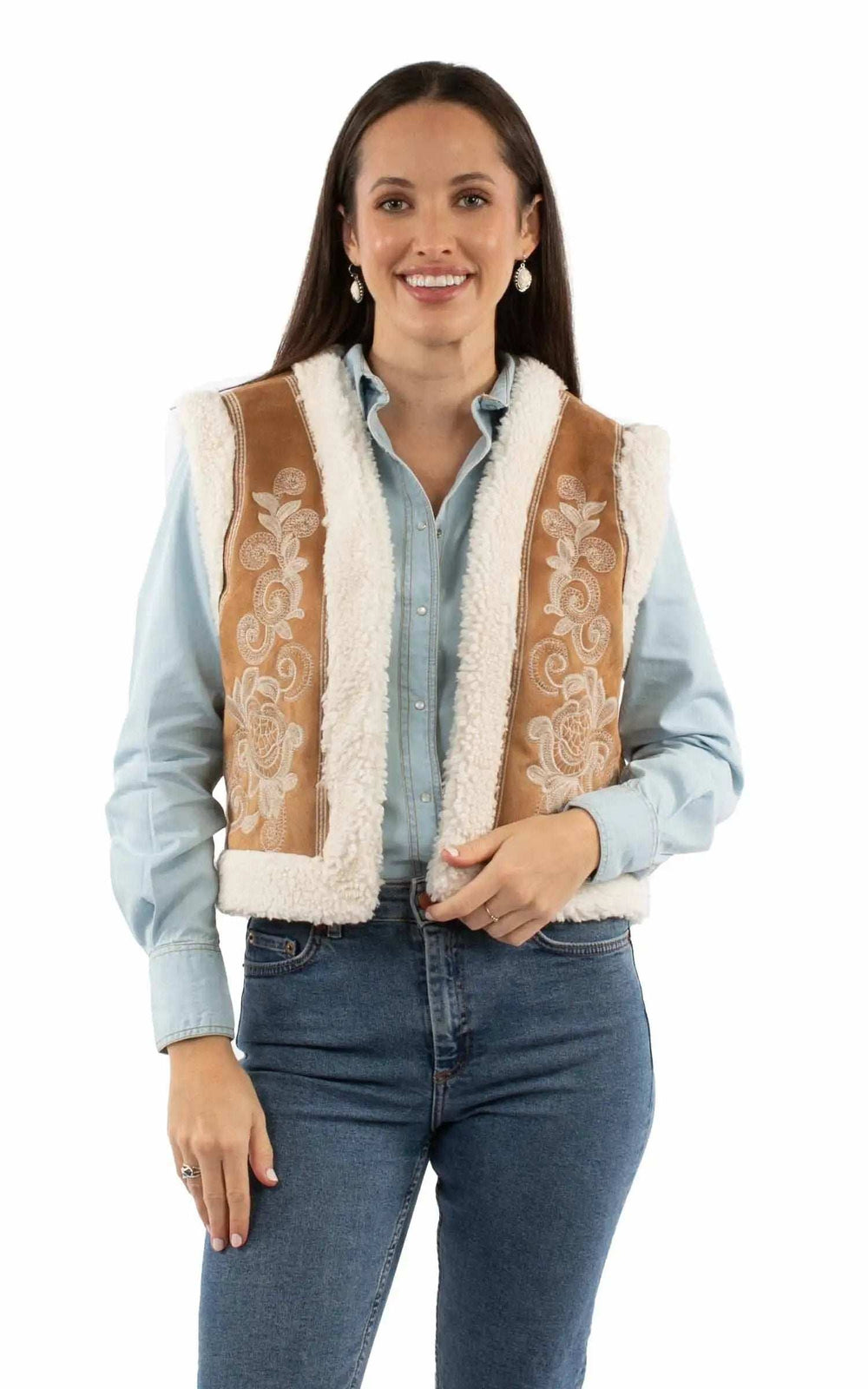 Honey Creek 100% acrylic Tan Emb. Faux sherpa vest - Scully Leather - Flyclothing LLC