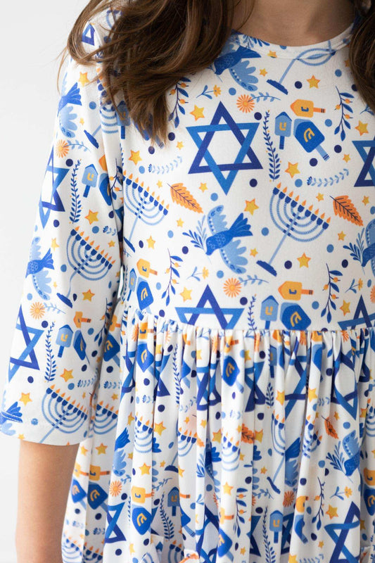 Happy Hanukkah 3/4 Sleeve Pocket Twirl Dress - Mila & Rose ® - Flyclothing LLC