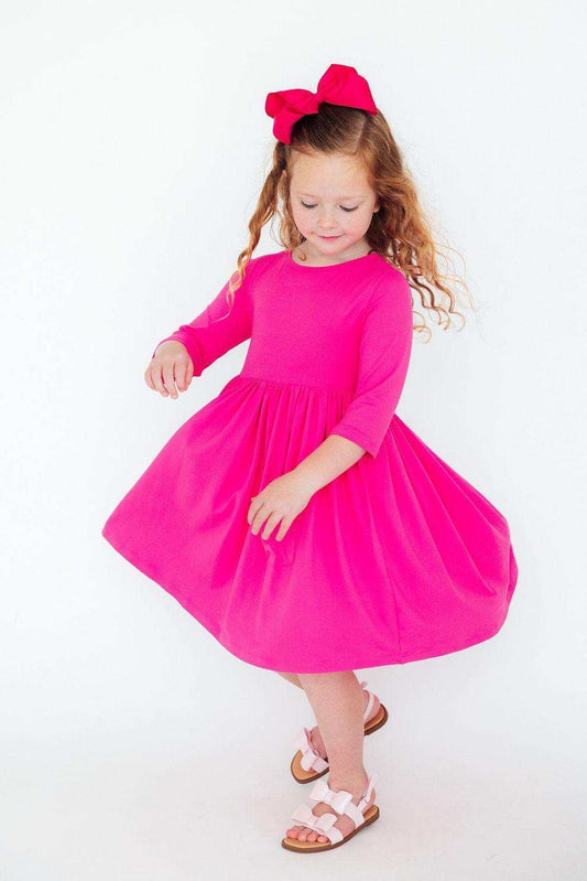 Hot Pink 3/4 Sleeve Pocket Twirl Dress - Mila & Rose ® - Flyclothing LLC